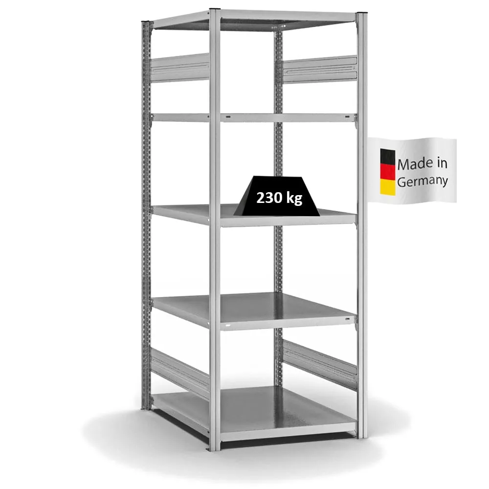 Fachbodenregal Stecksystem T-Profil | Grundregal | HxBxT 200x75x80cm | 5 Ebenen | Fachlast 230 kg | Beidseitig nutzbar | Verzinkt