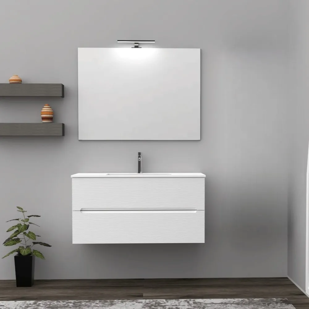 ADATTOCASA RIGO 100CM 2-SCHUBLADENSCHRANK MIT WASCHBECKEN + SPIEGEL BIANCO OPACO