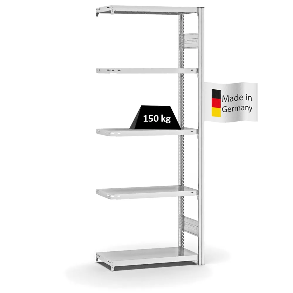 Fachbodenregal Stecksystem T-Profil | Anbauregal | HxBxT 200x75x30cm | 5 Ebenen | Fachlast 150 kg | Beidseitig nutzbar | Lichtgrau