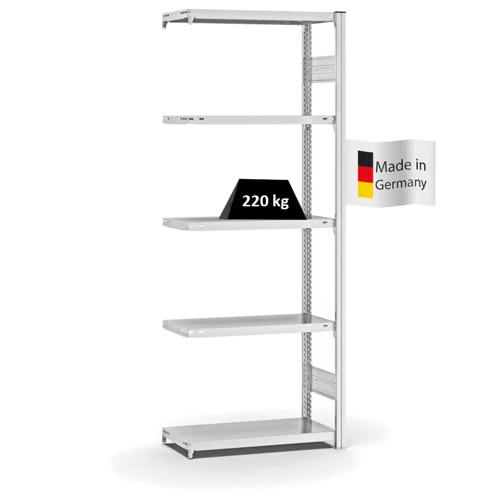 Fachbodenregal Stecksystem T-Profil | Anbauregal | HxBxT 200x75x30cm | 5 Ebenen | Fachlast 220 kg | Beidseitig nutzbar | Lichtgrau