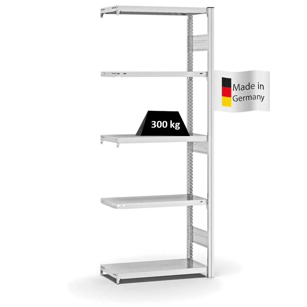Fachbodenregal Stecksystem T-Profil | Anbauregal | HxBxT 200x75x30cm | 5 Ebenen | Fachlast 300 kg | Beidseitig nutzbar | Lichtgrau