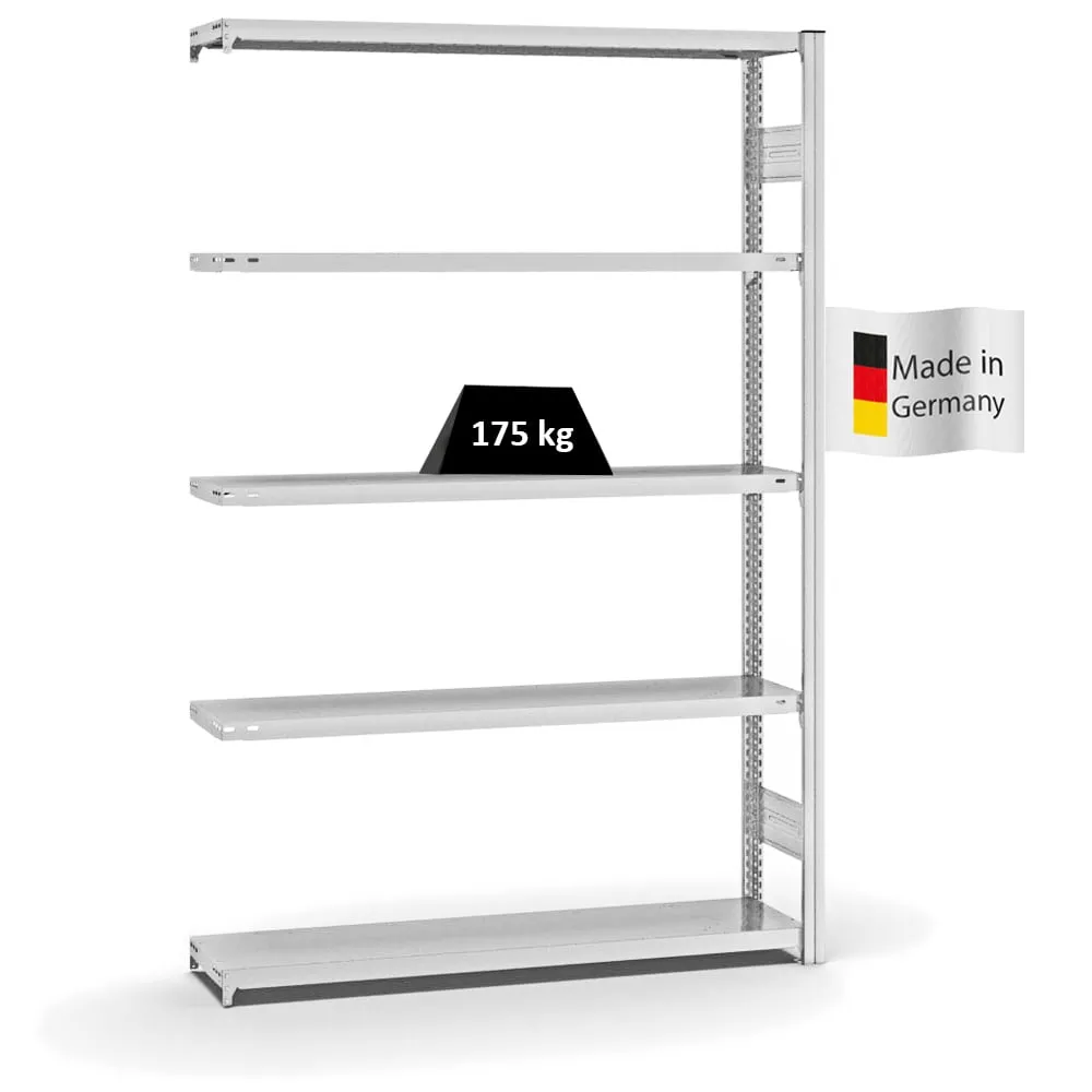 Fachbodenregal Stecksystem T-Profil | Anbauregal | HxBxT 200x130x30cm | 5 Ebenen | Fachlast 175 kg | Beidseitig nutzbar | Lichtgrau
