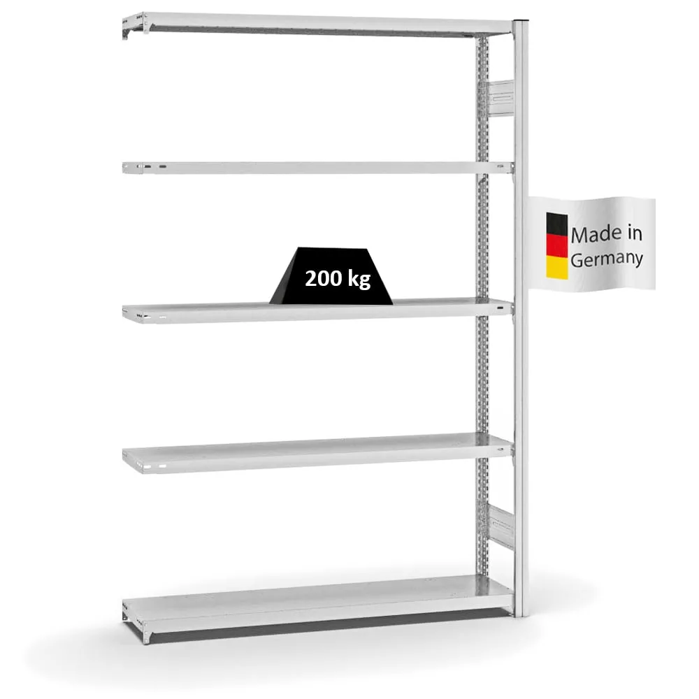 Fachbodenregal Stecksystem T-Profil | Anbauregal | HxBxT 200x130x30cm | 5 Ebenen | Fachlast 200 kg | Beidseitig nutzbar | Lichtgrau