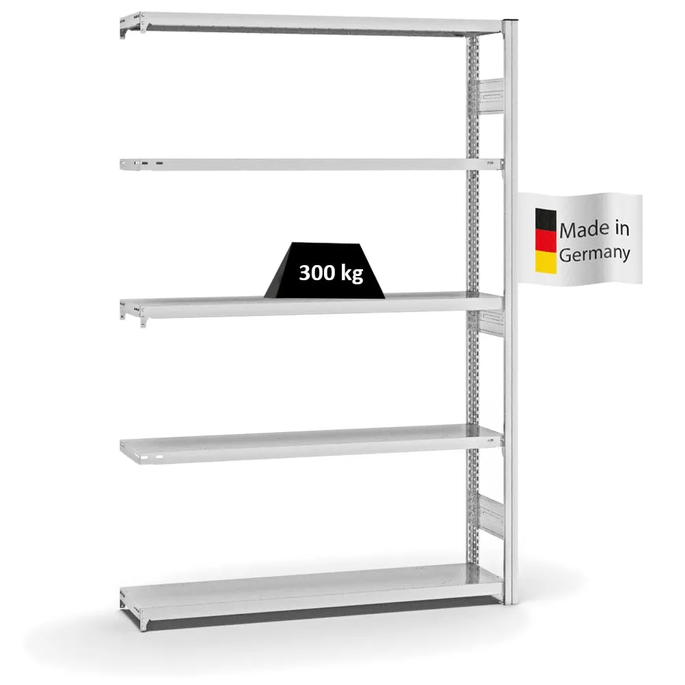 Fachbodenregal Stecksystem T-Profil | Anbauregal | HxBxT 200x130x30cm | 5 Ebenen | Fachlast 300 kg | Beidseitig nutzbar | Lichtgrau