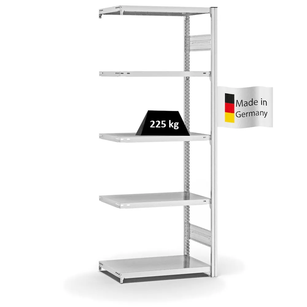 Fachbodenregal Stecksystem T-Profil | Anbauregal | HxBxT 200x75x40cm | 5 Ebenen | Fachlast 225 kg | Beidseitig nutzbar | Lichtgrau
