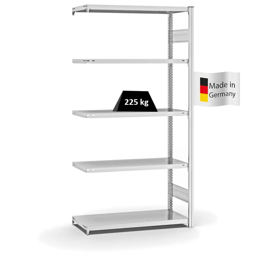 Fachbodenregal Stecksystem T-Profil | Anbauregal | HxBxT 200x100x40cm | 5 Ebenen | Fachlast 225 kg | Beidseitig nutzbar | Lichtgrau