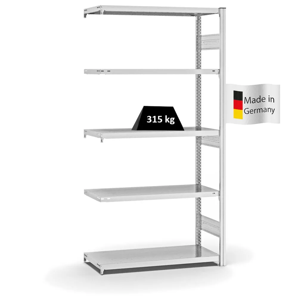 Fachbodenregal Stecksystem T-Profil | Anbauregal | HxBxT 200x100x40cm | 5 Ebenen | Fachlast 315 kg | Beidseitig nutzbar | Lichtgrau
