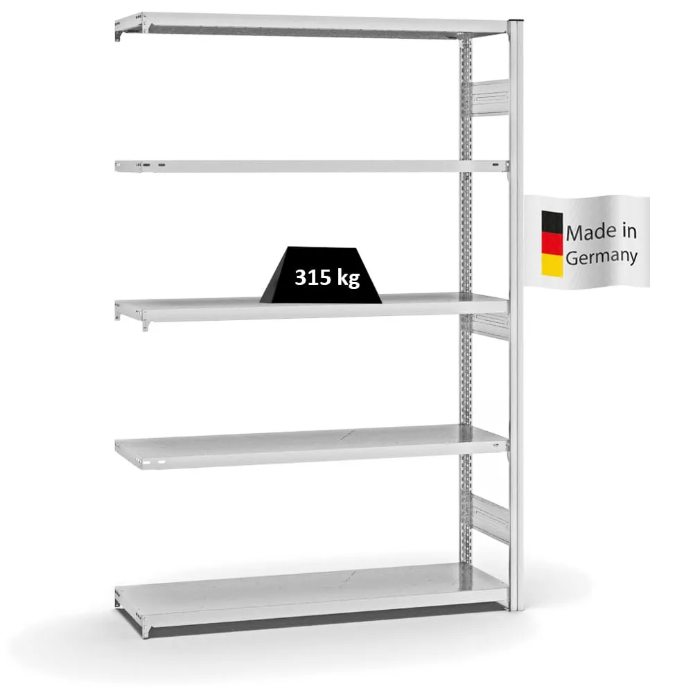 Fachbodenregal Stecksystem T-Profil | Anbauregal | HxBxT 200x130x40cm | 5 Ebenen | Fachlast 315 kg | Beidseitig nutzbar | Lichtgrau