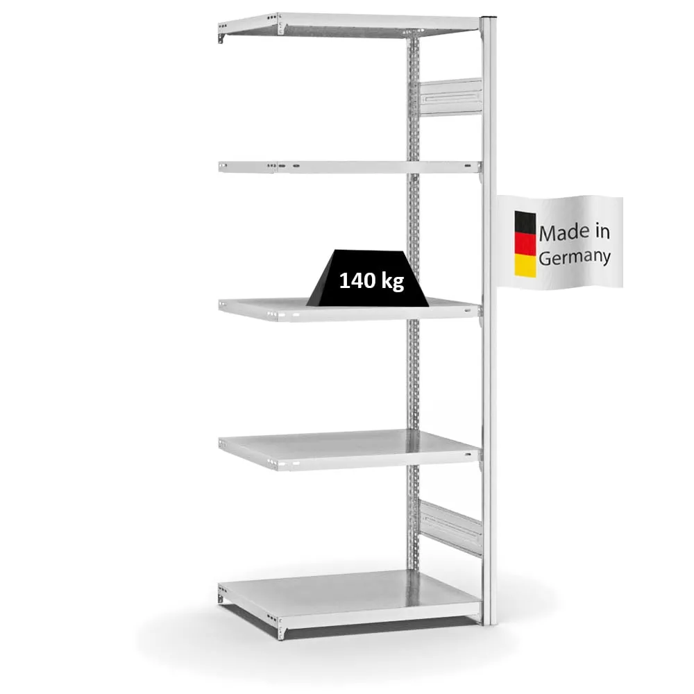 Fachbodenregal Stecksystem T-Profil | Anbauregal | HxBxT 200x75x50cm | 5 Ebenen | Fachlast 140 kg | Beidseitig nutzbar | Lichtgrau