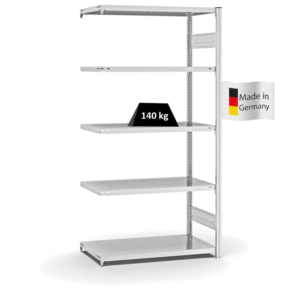 Fachbodenregal Stecksystem T-Profil | Anbauregal | HxBxT 200x100x50cm | 5 Ebenen | Fachlast 140 kg | Beidseitig nutzbar | Lichtgrau