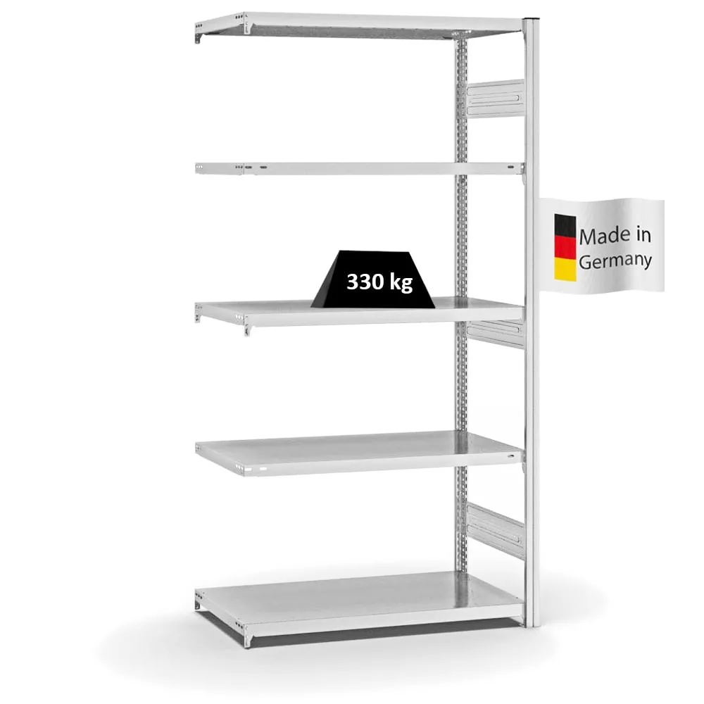 Fachbodenregal Stecksystem T-Profil | Anbauregal | HxBxT 200x100x50cm | 5 Ebenen | Fachlast 330 kg | Beidseitig nutzbar | Lichtgrau