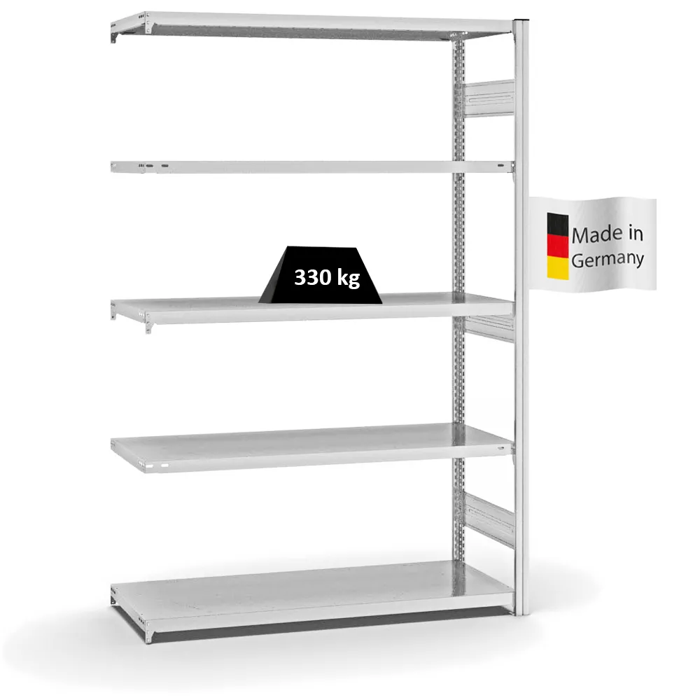 Fachbodenregal Stecksystem T-Profil | Anbauregal | HxBxT 200x130x50cm | 5 Ebenen | Fachlast 330 kg | Beidseitig nutzbar | Lichtgrau