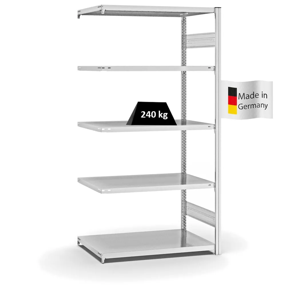 Fachbodenregal Stecksystem T-Profil | Anbauregal | HxBxT 200x100x60cm | 5 Ebenen | Fachlast 240 kg | Beidseitig nutzbar | Lichtgrau