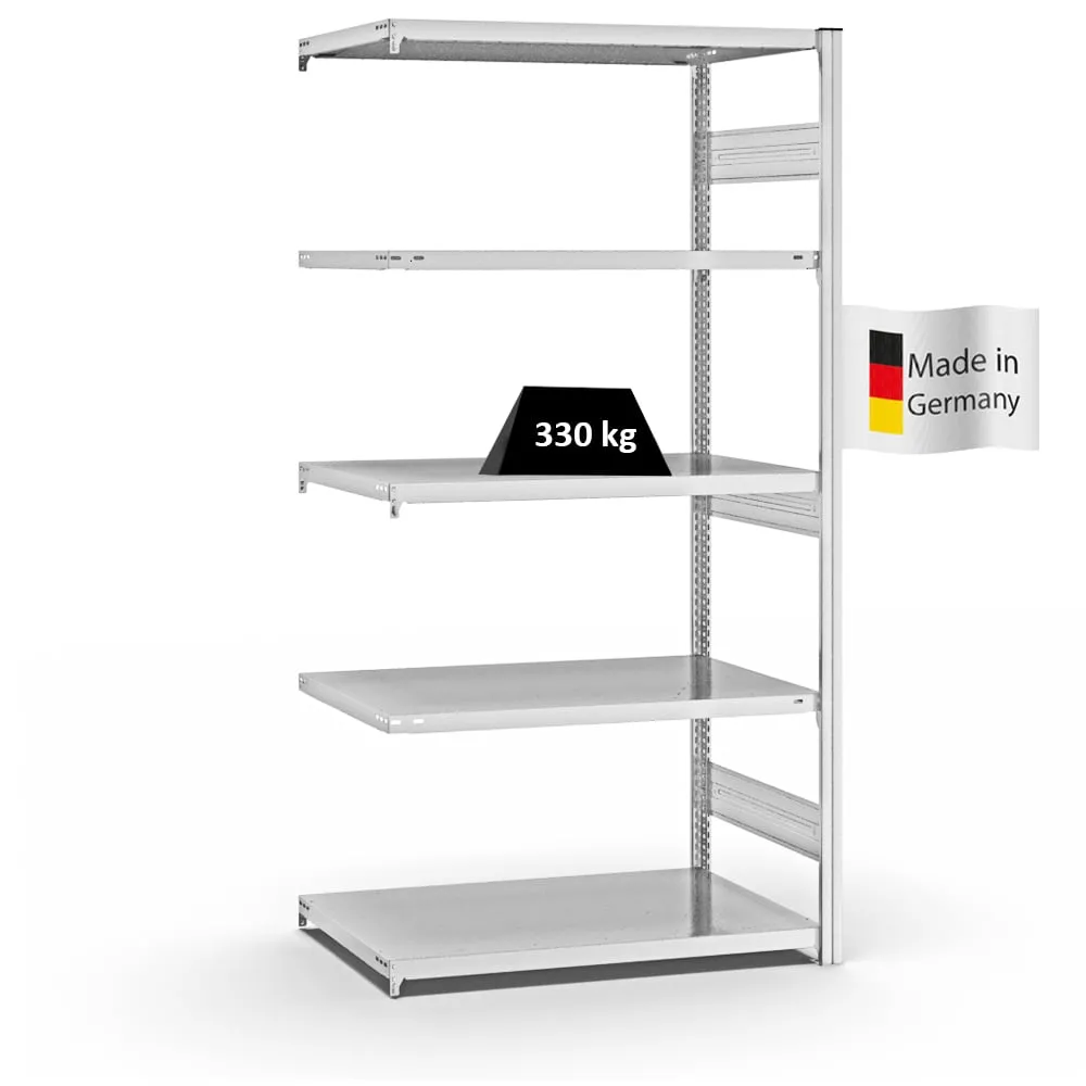 Fachbodenregal Stecksystem T-Profil | Anbauregal | HxBxT 200x100x60cm | 5 Ebenen | Fachlast 330 kg | Beidseitig nutzbar | Lichtgrau