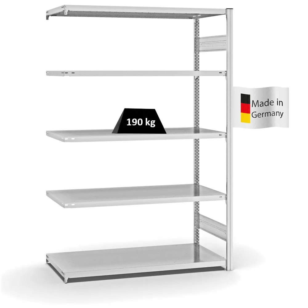Fachbodenregal Stecksystem T-Profil | Anbauregal | HxBxT 200x130x60cm | 5 Ebenen | Fachlast 190 kg | Beidseitig nutzbar | Lichtgrau