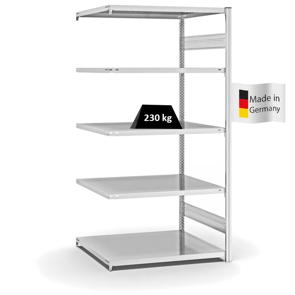 Fachbodenregal Stecksystem T-Profil | Anbauregal | HxBxT 200x100x80cm | 5 Ebenen | Fachlast 230 kg | Beidseitig nutzbar | Lichtgrau