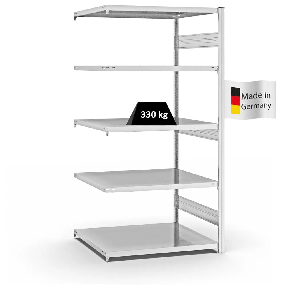 Fachbodenregal Stecksystem T-Profil | Anbauregal | HxBxT 200x100x80cm | 5 Ebenen | Fachlast 330 kg | Beidseitig nutzbar | Lichtgrau