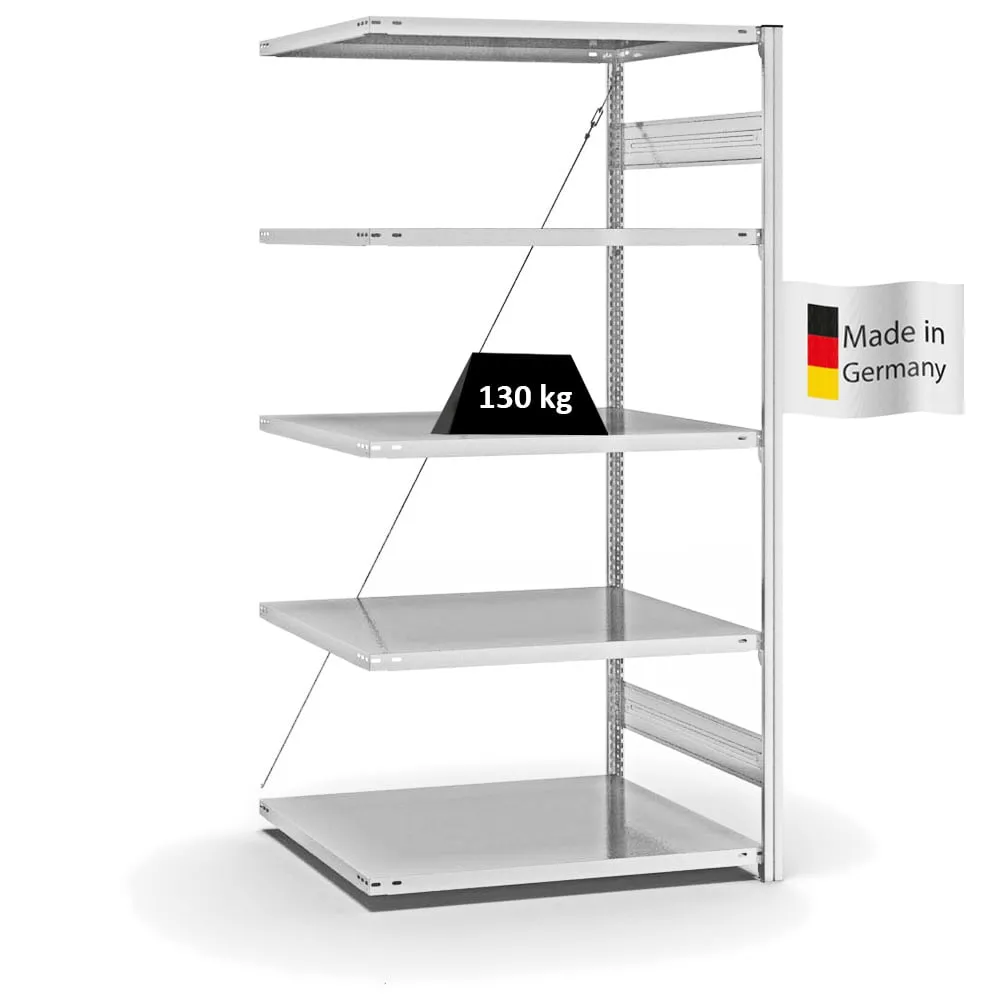 Fachbodenregal Stecksystem T-Profil | Anbauregal | HxBxT 200x100x80cm | 5 Ebenen | Fachlast 130 kg | Einseitig nutzbar | Lichtgrau