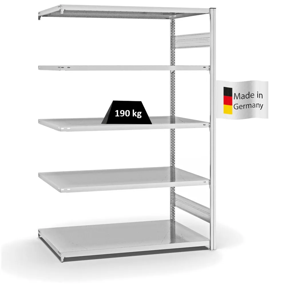 Fachbodenregal Stecksystem T-Profil | Anbauregal | HxBxT 200x130x80cm | 5 Ebenen | Fachlast 190 kg | Beidseitig nutzbar | Lichtgrau