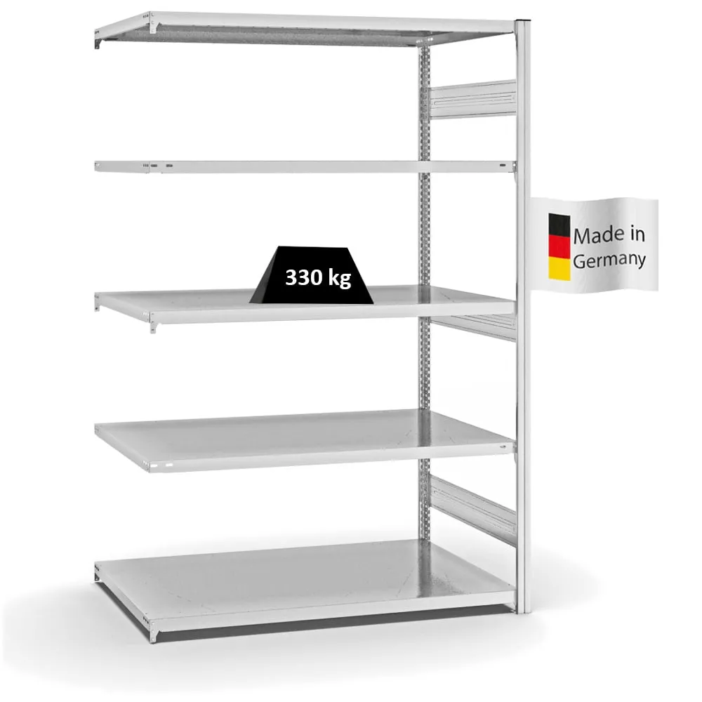 Fachbodenregal Stecksystem T-Profil | Anbauregal | HxBxT 200x130x80cm | 5 Ebenen | Fachlast 330 kg | Beidseitig nutzbar | Lichtgrau