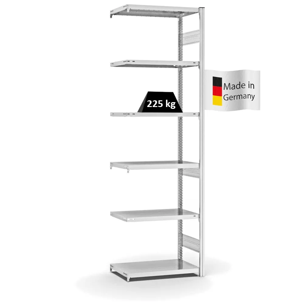 Fachbodenregal Stecksystem T-Profil | Anbauregal | HxBxT 250x75x40cm | 6 Ebenen | Fachlast 225 kg | Beidseitig nutzbar | Lichtgrau