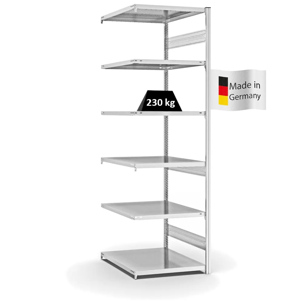 Fachbodenregal Stecksystem T-Profil | Anbauregal | HxBxT 250x75x80cm | 6 Ebenen | Fachlast 230 kg | Beidseitig nutzbar | Lichtgrau