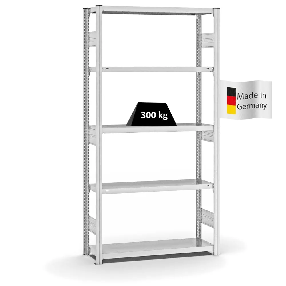 Fachbodenregal Stecksystem T-Profil | Grundregal | HxBxT 200x100x30cm | 5 Ebenen | Fachlast 300 kg | Beidseitig nutzbar | Lichtgrau