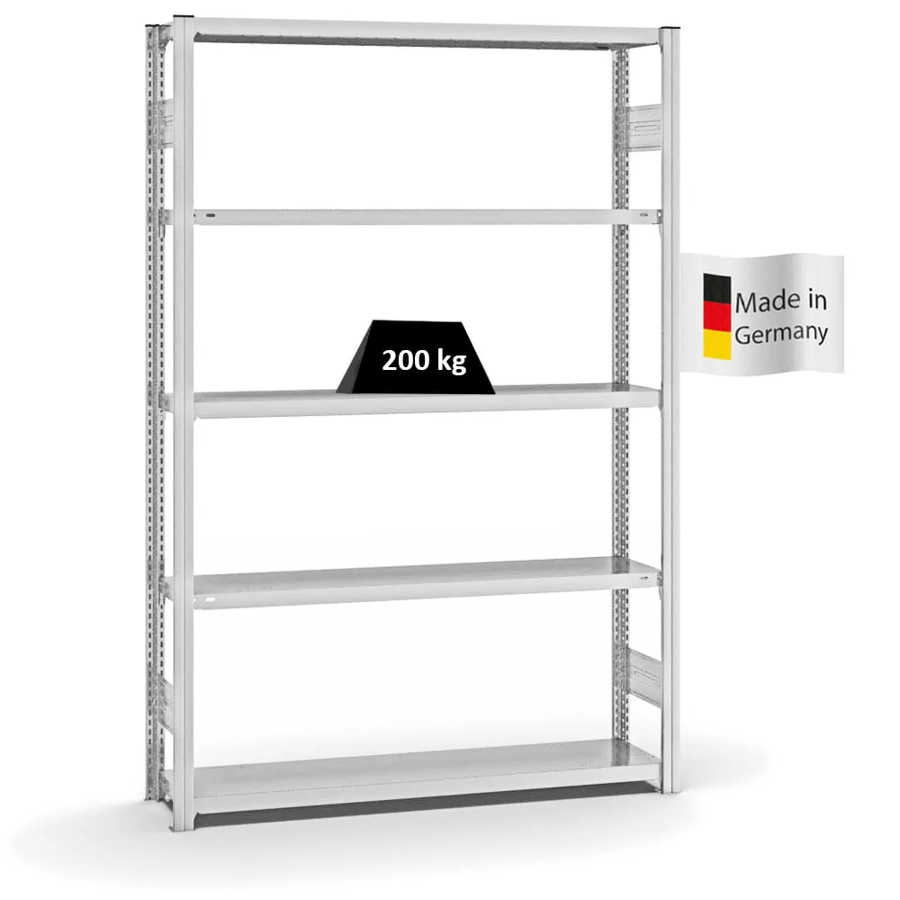 Fachbodenregal Stecksystem T-Profil | Grundregal | HxBxT 200x130x30cm | 5 Ebenen | Fachlast 200 kg | Beidseitig nutzbar | Lichtgrau