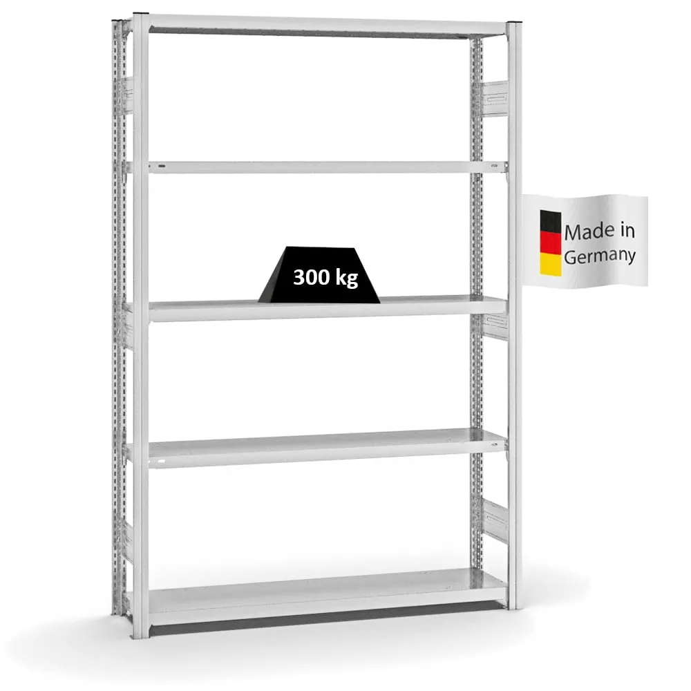 Fachbodenregal Stecksystem T-Profil | Grundregal | HxBxT 200x130x30cm | 5 Ebenen | Fachlast 300 kg | Beidseitig nutzbar | Lichtgrau