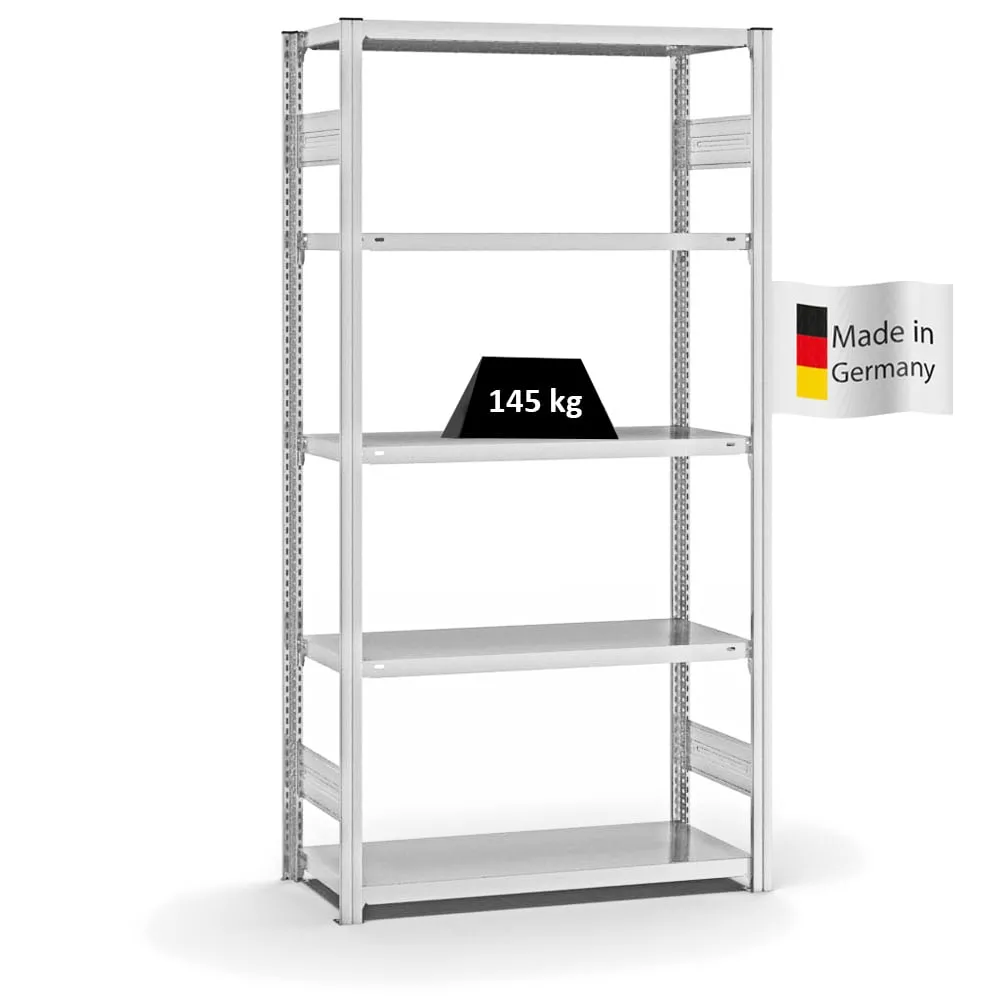 Fachbodenregal Stecksystem T-Profil | Grundregal | HxBxT 200x100x40cm | 5 Ebenen | Fachlast 145 kg | Beidseitig nutzbar | Lichtgrau