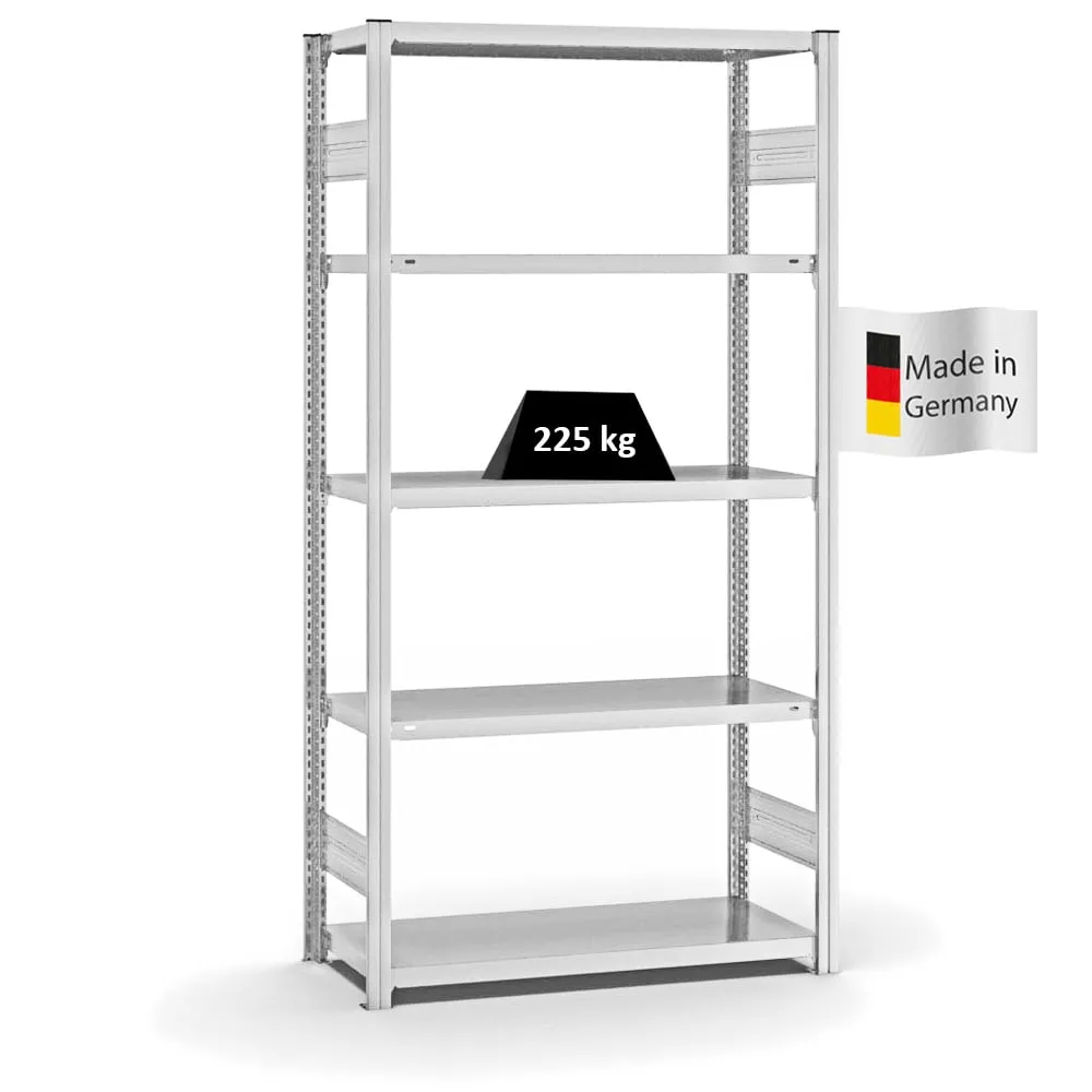 Fachbodenregal Stecksystem T-Profil | Grundregal | HxBxT 200x100x40cm | 5 Ebenen | Fachlast 225 kg | Beidseitig nutzbar | Lichtgrau