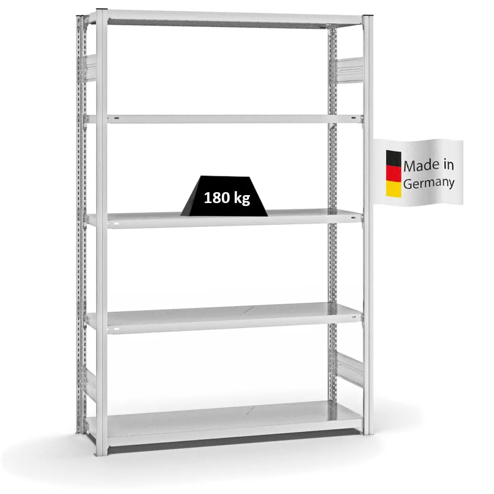 Fachbodenregal Stecksystem T-Profil | Grundregal | HxBxT 200x130x40cm | 5 Ebenen | Fachlast 180 kg | Beidseitig nutzbar | Lichtgrau