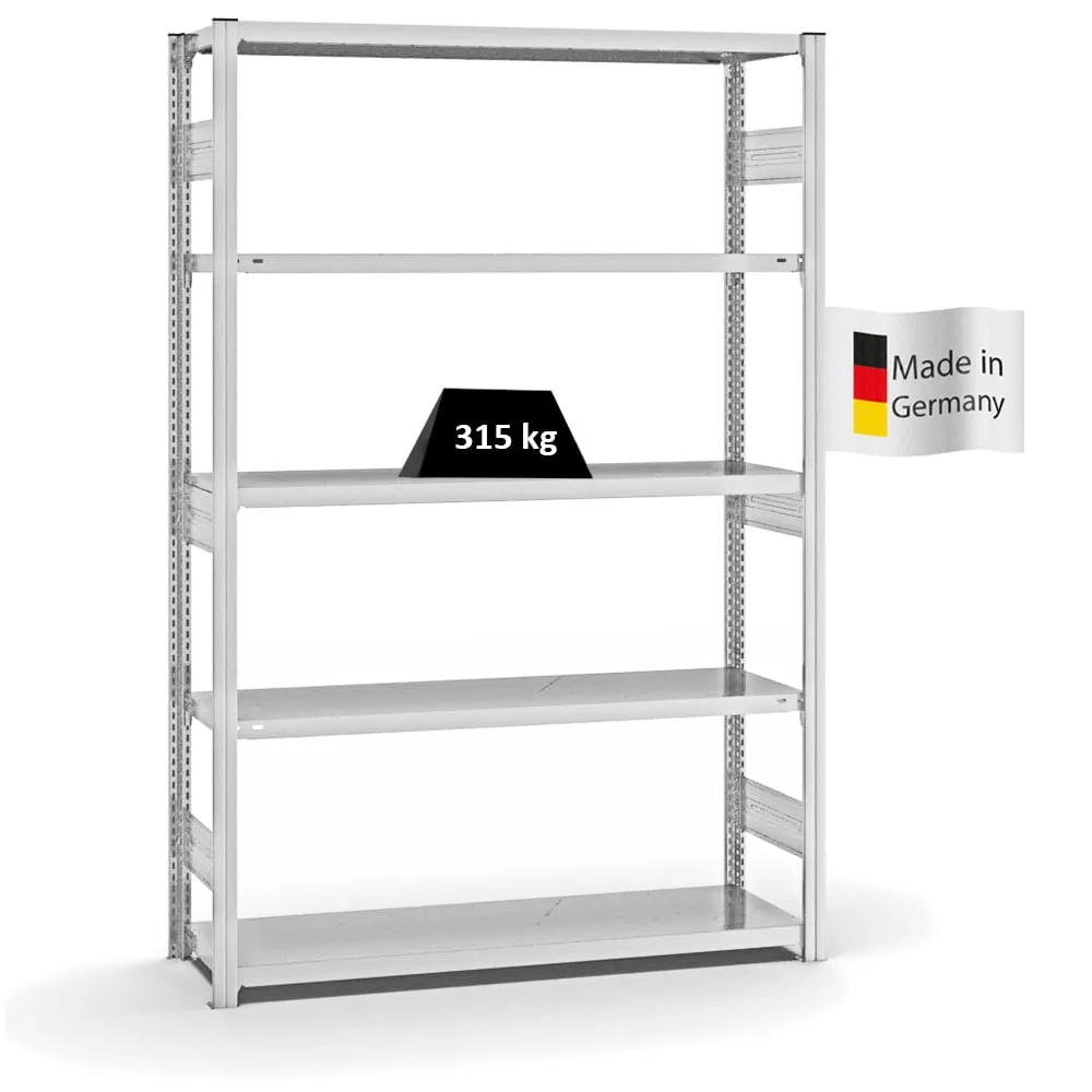 Fachbodenregal Stecksystem T-Profil | Grundregal | HxBxT 200x130x40cm | 5 Ebenen | Fachlast 315 kg | Beidseitig nutzbar | Lichtgrau