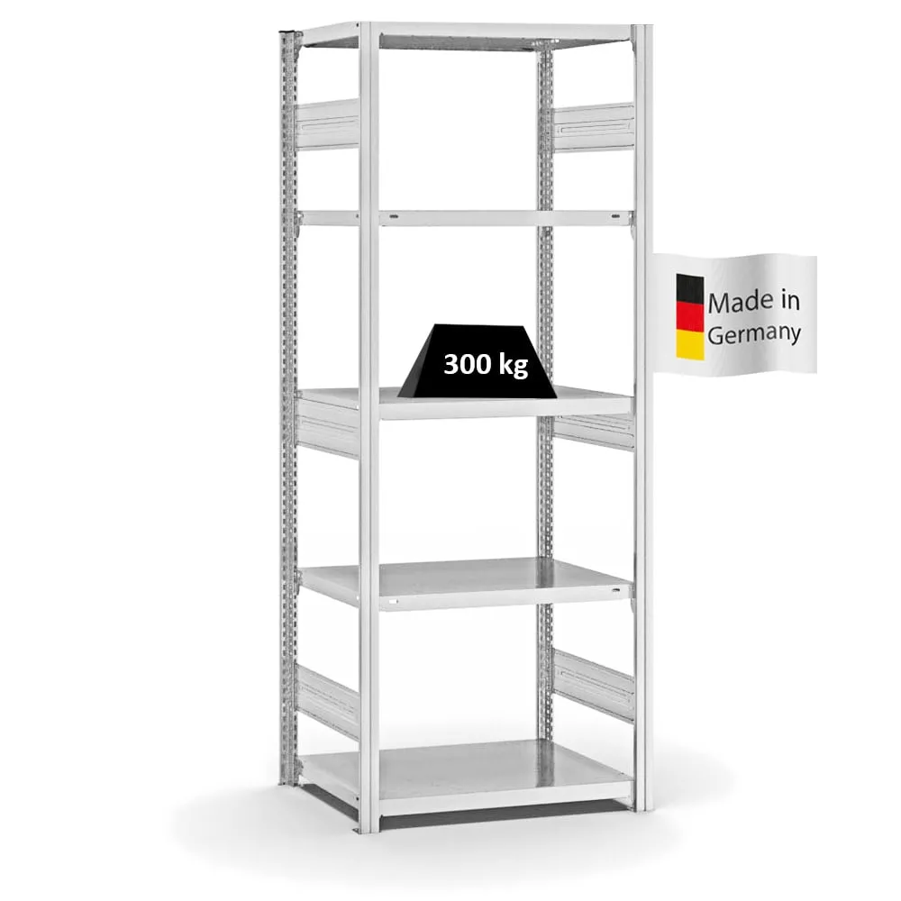 Fachbodenregal Stecksystem T-Profil | Grundregal | HxBxT 200x75x50cm | 5 Ebenen | Fachlast 330 kg | Beidseitig nutzbar | Lichtgrau