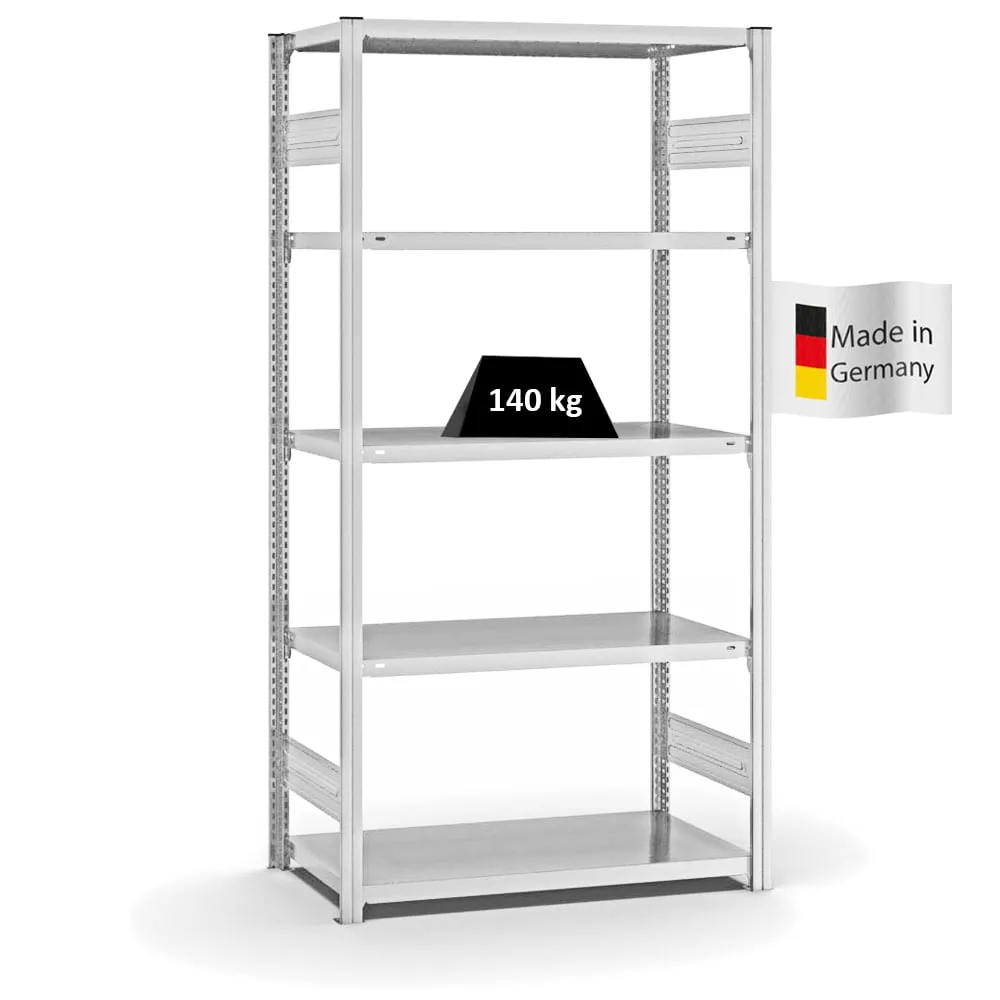 Fachbodenregal Stecksystem T-Profil | Grundregal | HxBxT 200x100x50cm | 5 Ebenen | Fachlast 140 kg | Beidseitig nutzbar | Lichtgrau