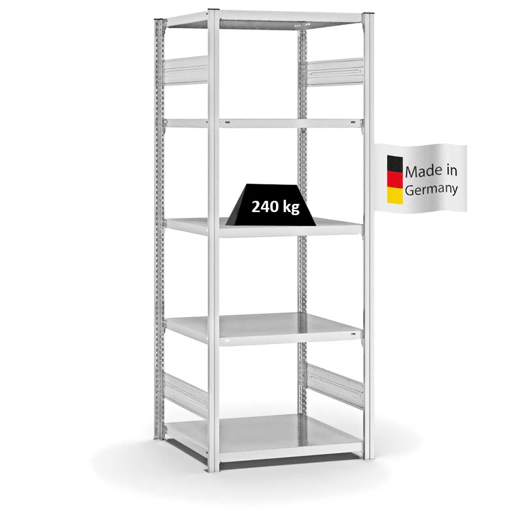 Fachbodenregal Stecksystem T-Profil | Grundregal | HxBxT 200x75x60cm | 5 Ebenen | Fachlast 240 kg | Beidseitig nutzbar | Lichtgrau