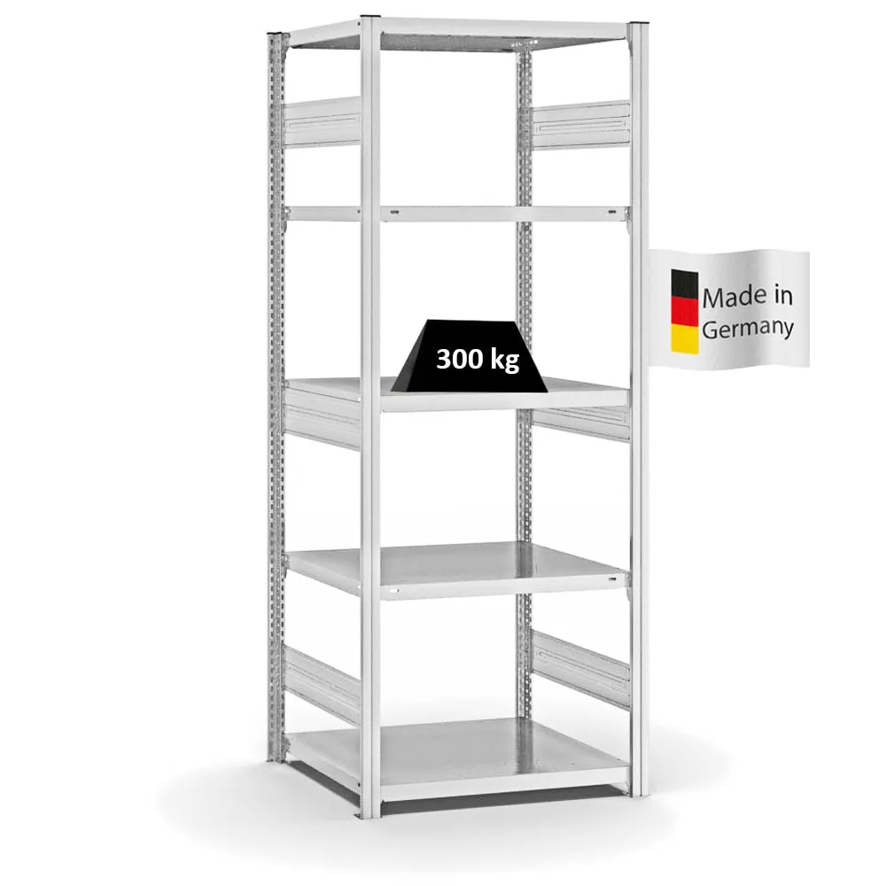 Fachbodenregal Stecksystem T-Profil | Grundregal | HxBxT 200x75x60cm | 5 Ebenen | Fachlast 330 kg | Beidseitig nutzbar | Lichtgrau