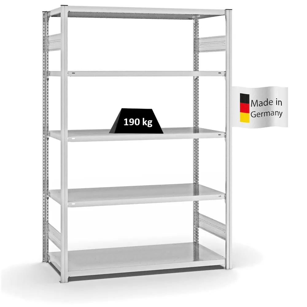 Fachbodenregal Stecksystem T-Profil | Grundregal | HxBxT 200x130x60cm | 5 Ebenen | Fachlast 190 kg | Beidseitig nutzbar | Lichtgrau