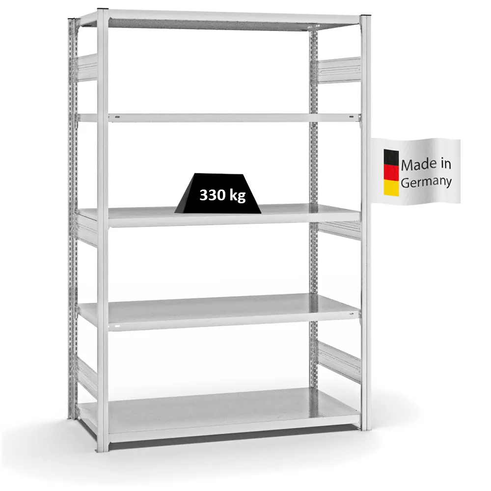 Fachbodenregal Stecksystem T-Profil | Grundregal | HxBxT 200x130x60cm | 5 Ebenen | Fachlast 330 kg | Beidseitig nutzbar | Lichtgrau