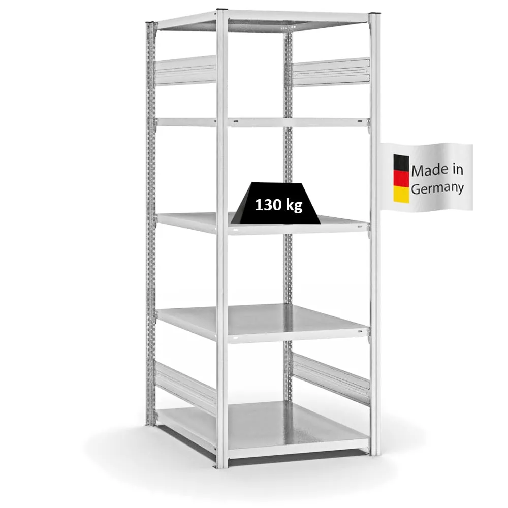Fachbodenregal Stecksystem T-Profil | Grundregal | HxBxT 200x75x80cm | 5 Ebenen | Fachlast 130 kg | Beidseitig nutzbar | Lichtgrau