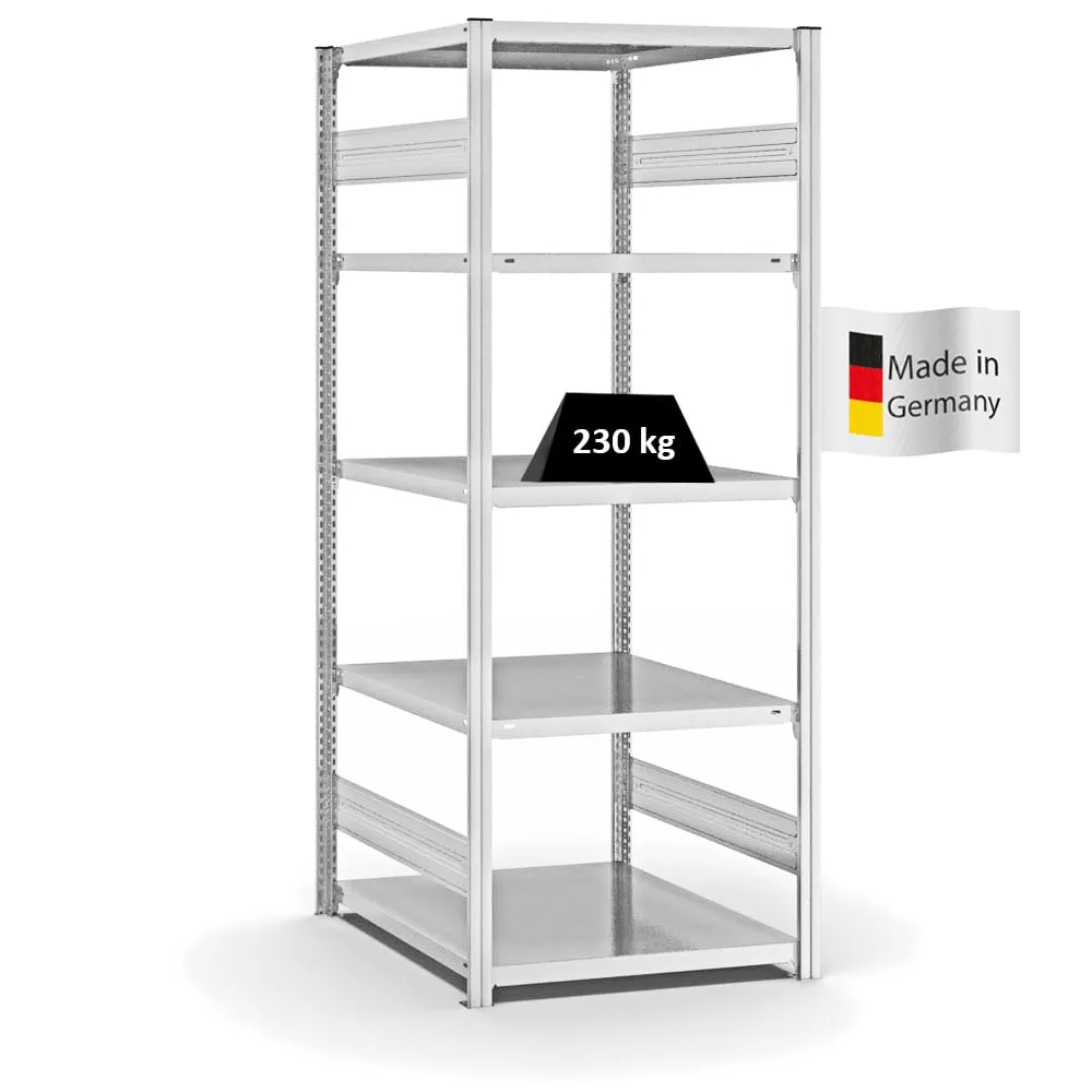 Fachbodenregal Stecksystem T-Profil | Grundregal | HxBxT 200x75x80cm | 5 Ebenen | Fachlast 230 kg | Beidseitig nutzbar | Lichtgrau