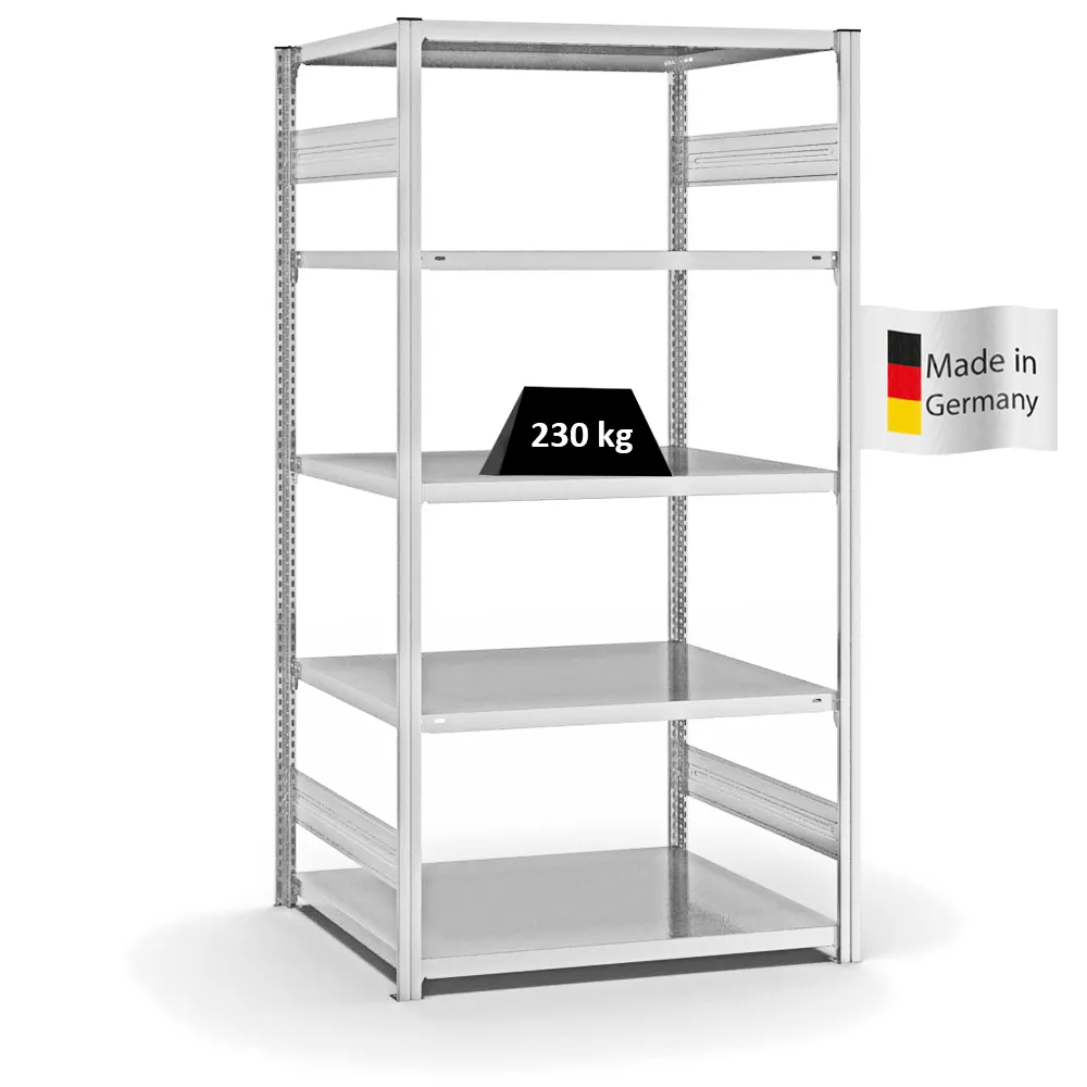 Fachbodenregal Stecksystem T-Profil | Grundregal | HxBxT 200x100x80cm | 5 Ebenen | Fachlast 230 kg | Beidseitig nutzbar | Lichtgrau