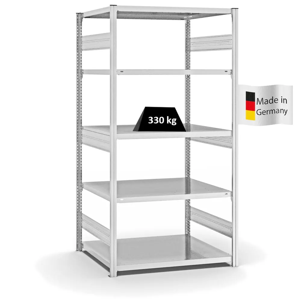 Fachbodenregal Stecksystem T-Profil | Grundregal | HxBxT 200x100x80cm | 5 Ebenen | Fachlast 330 kg | Beidseitig nutzbar | Lichtgrau