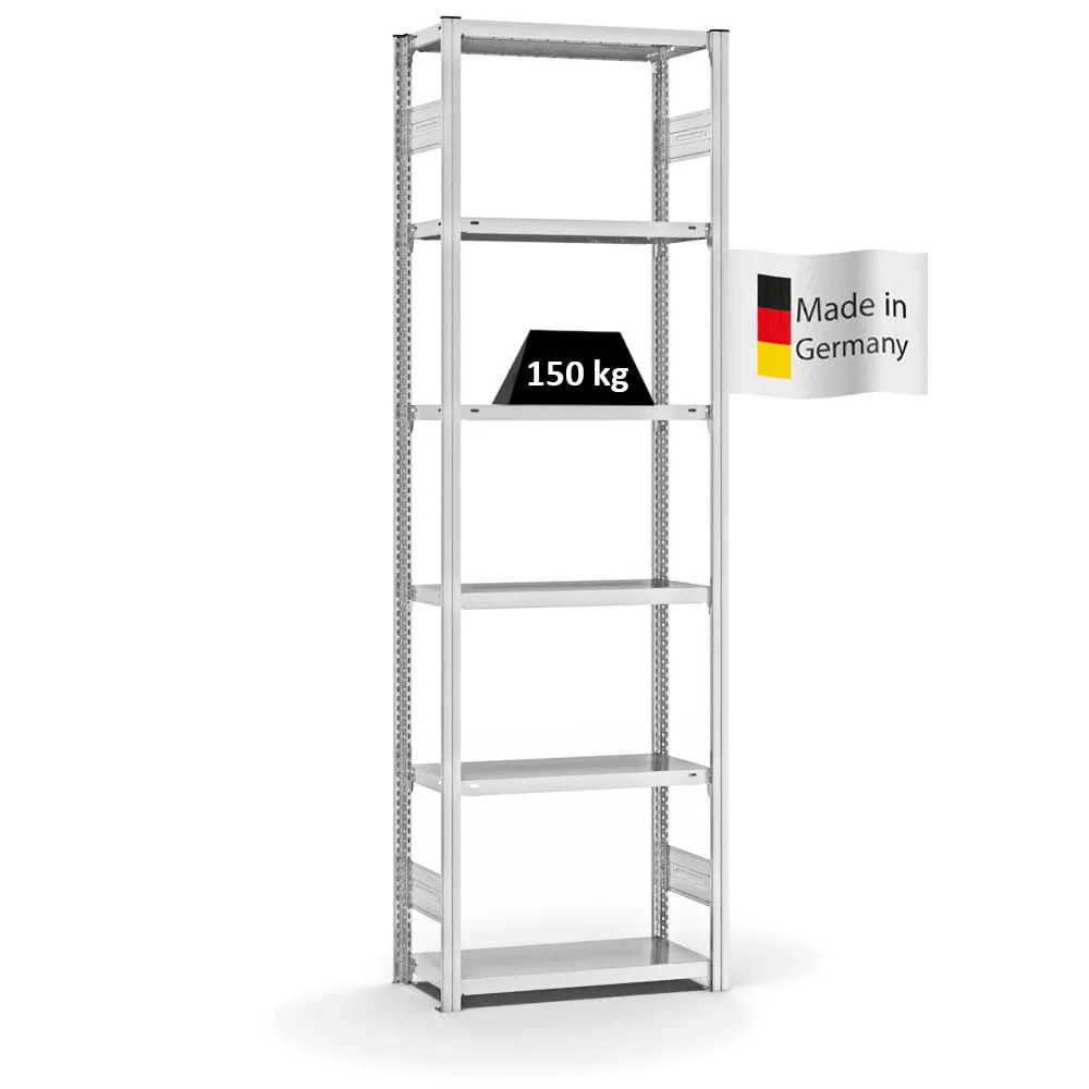 Fachbodenregal Stecksystem T-Profil | Grundregal | HxBxT 250x75x30cm | 6 Ebenen | Fachlast 220 kg | Beidseitig nutzbar | Lichtgrau