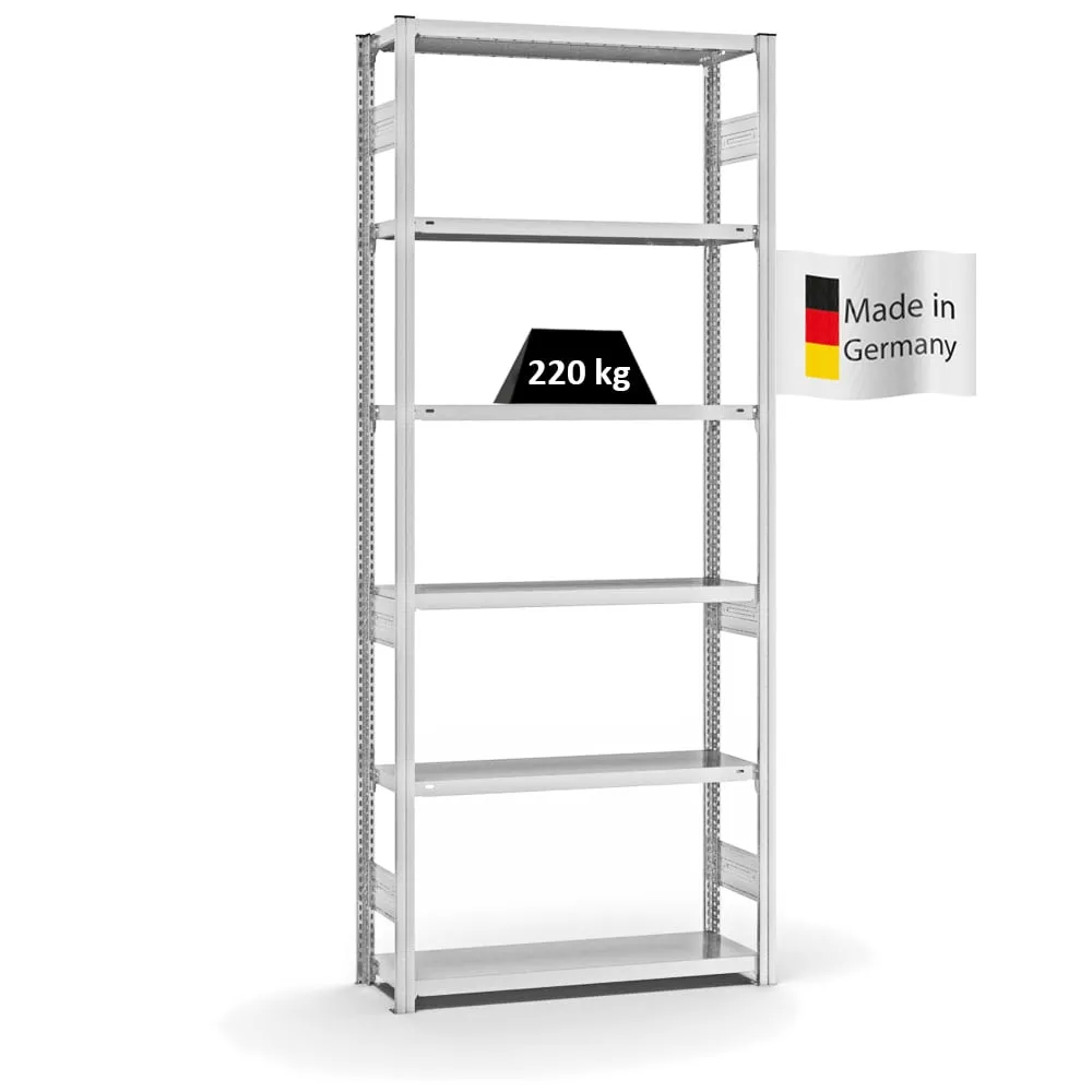 Fachbodenregal Stecksystem T-Profil | Grundregal | HxBxT 250x100x30cm | 6 Ebenen | Fachlast 220 kg | Beidseitig nutzbar | Lichtgrau