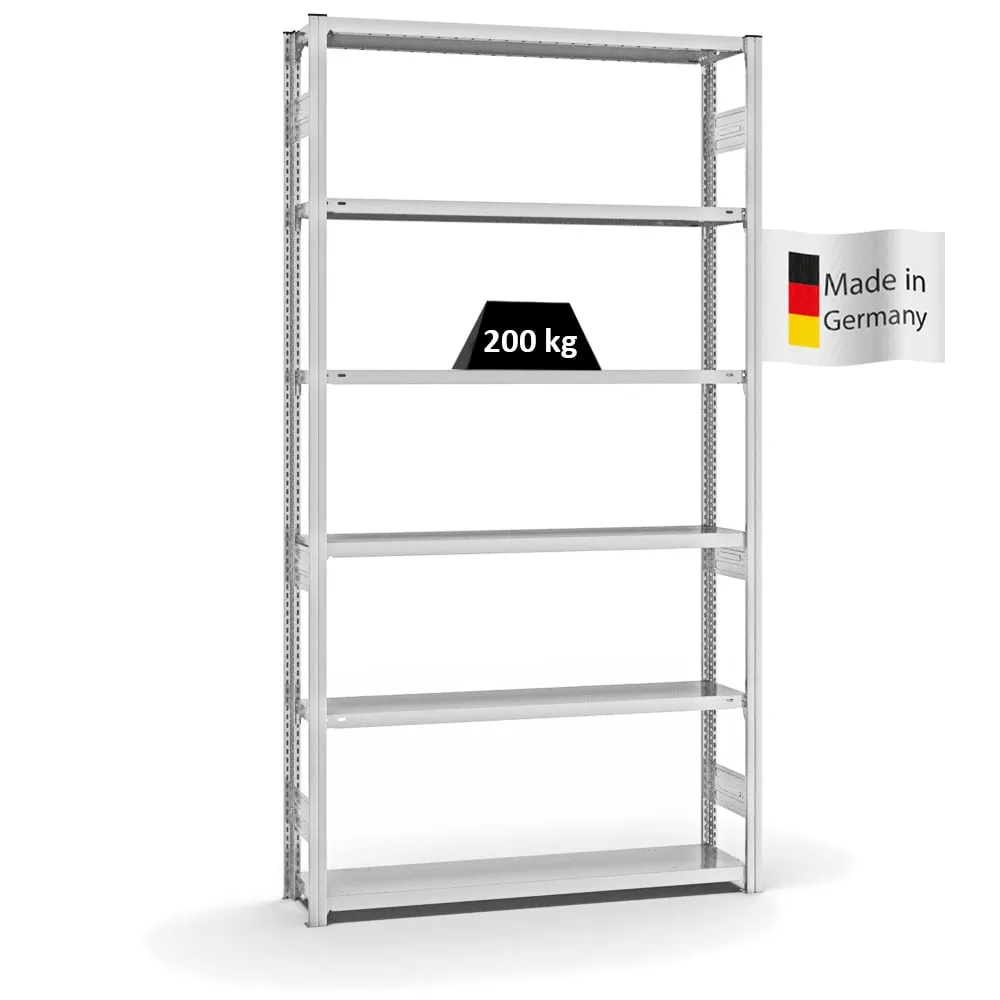 Fachbodenregal Stecksystem T-Profil | Grundregal | HxBxT 250x130x30cm | 6 Ebenen | Fachlast 200 kg | Beidseitig nutzbar | Lichtgrau
