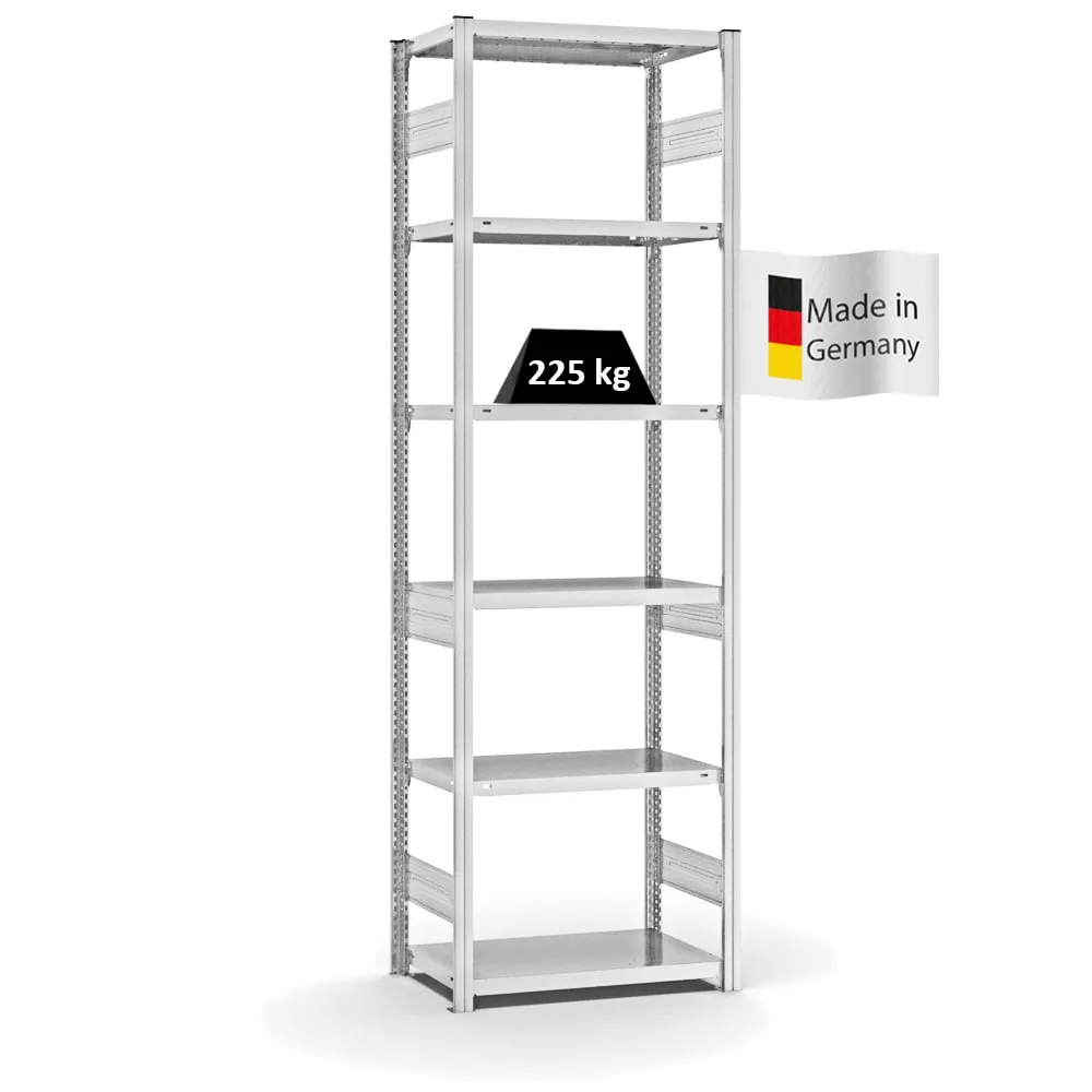 Fachbodenregal Stecksystem T-Profil | Grundregal | HxBxT 250x75x40cm | 6 Ebenen | Fachlast 225 kg | Beidseitig nutzbar | Lichtgrau