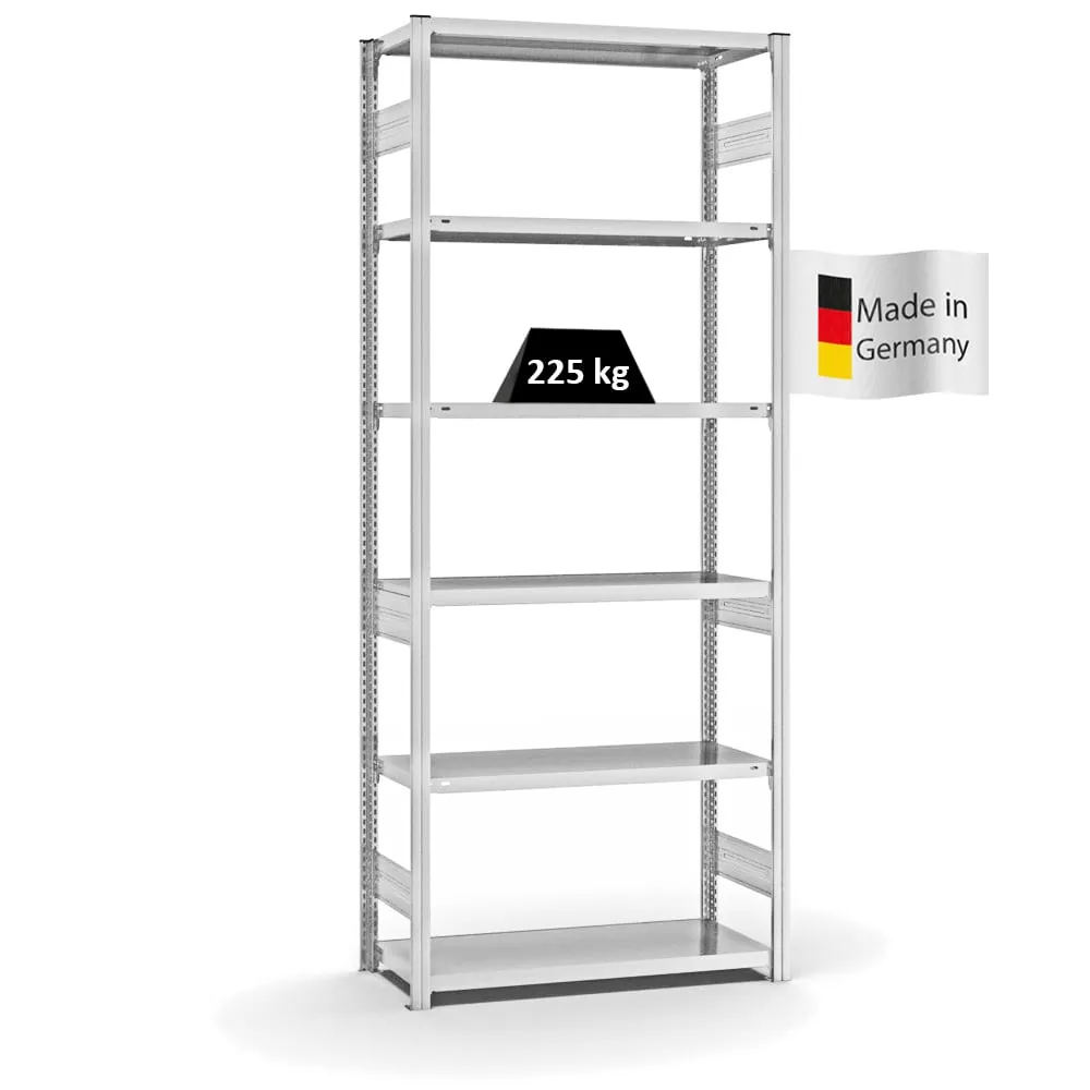 Fachbodenregal Stecksystem T-Profil | Grundregal | HxBxT 250x100x40cm | 6 Ebenen | Fachlast 225 kg | Beidseitig nutzbar | Lichtgrau