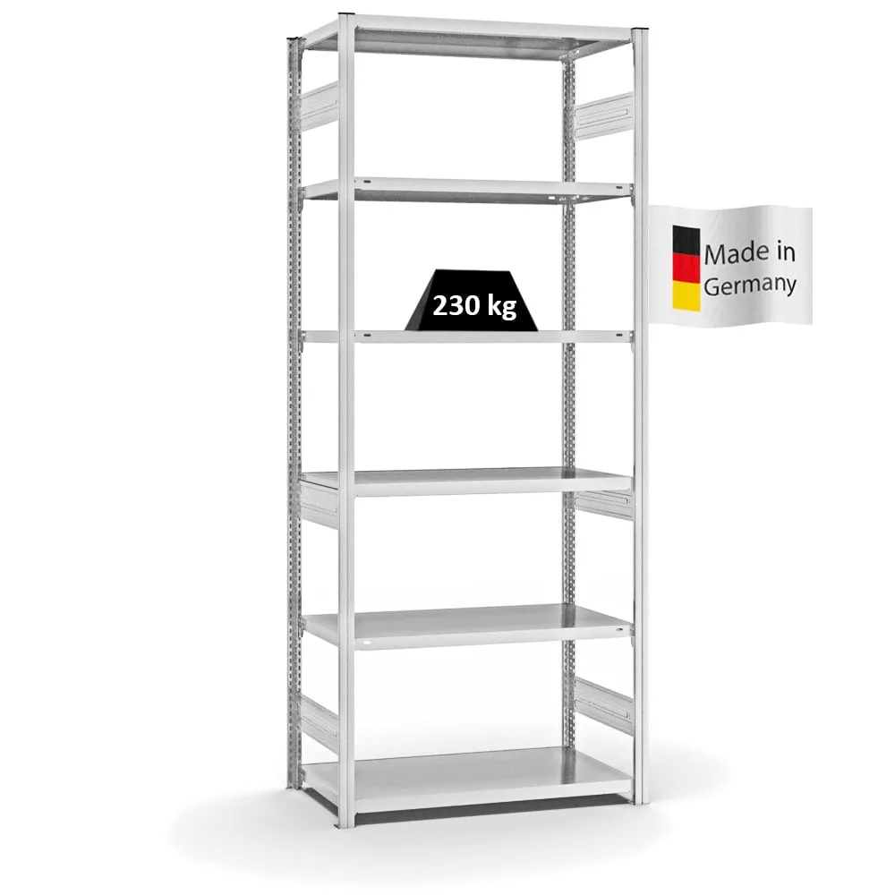 Fachbodenregal Stecksystem T-Profil | Grundregal | HxBxT 250x100x50cm | 6 Ebenen | Fachlast 230 kg | Beidseitig nutzbar | Lichtgrau
