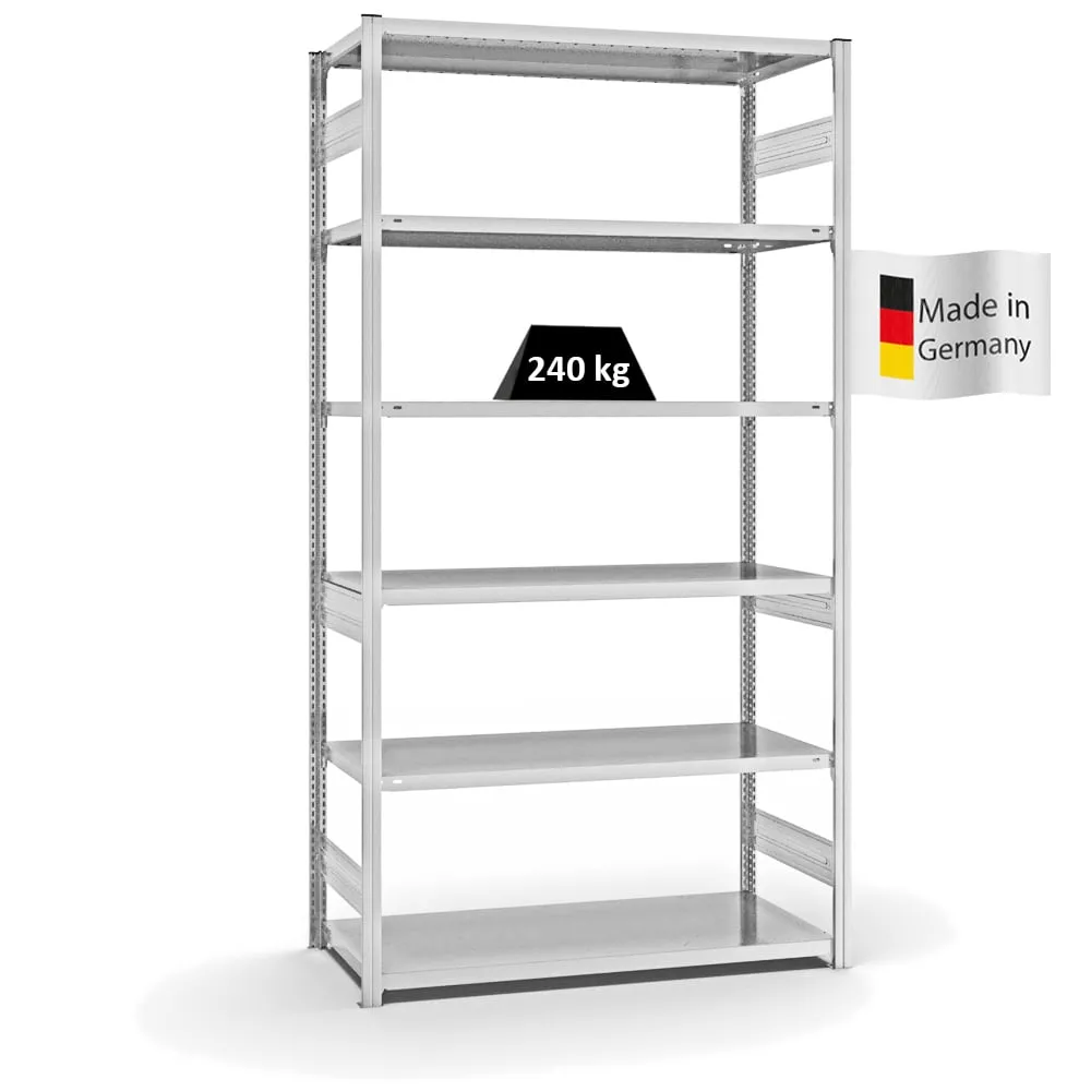 Fachbodenregal Stecksystem T-Profil | Grundregal | HxBxT 250x130x60cm | 6 Ebenen | Fachlast 240 kg | Beidseitig nutzbar | Lichtgrau